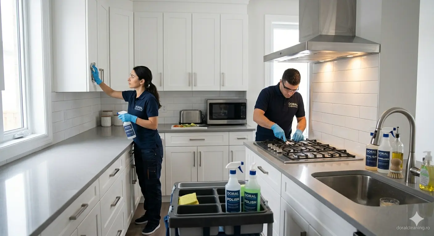 Echipa Doral Cleaning curatand hota si blaturile de lucru intr-o bucatarie